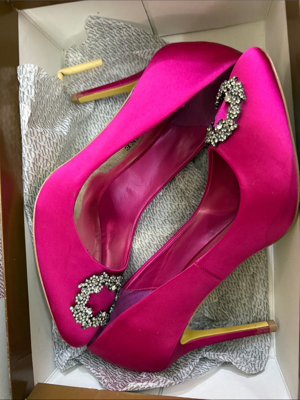 Fuchsia hot pink  Satin Evening Pumps with Crystal Brooch Audrey Brooke